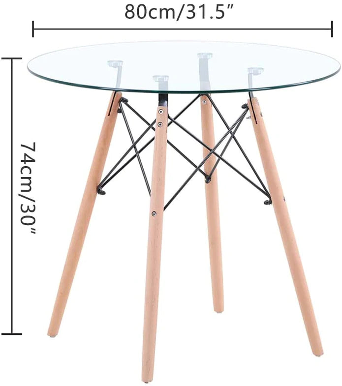 Round Glass Top Dining Table With Metal Cross Iron Pipe Wooden Legs_1