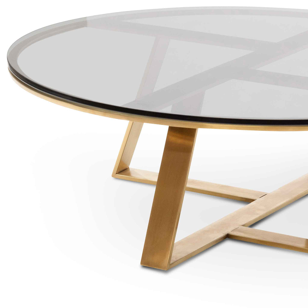100cm Round Grey Glass Coffee Table - Gold Base_2