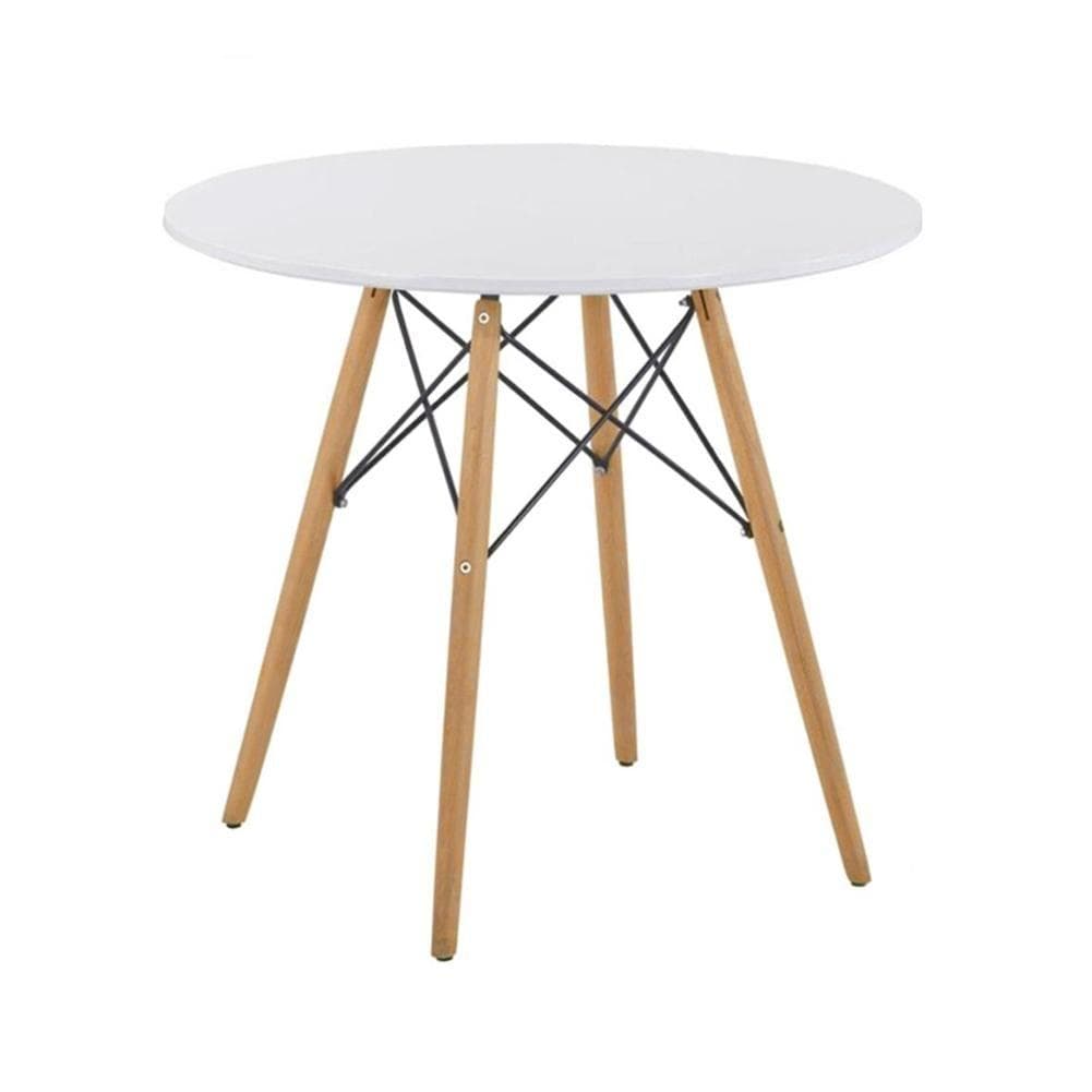 Milea Round MDF White High Glossy Top Dining Table With Metal Cross Iron Pipe Wooden Legs