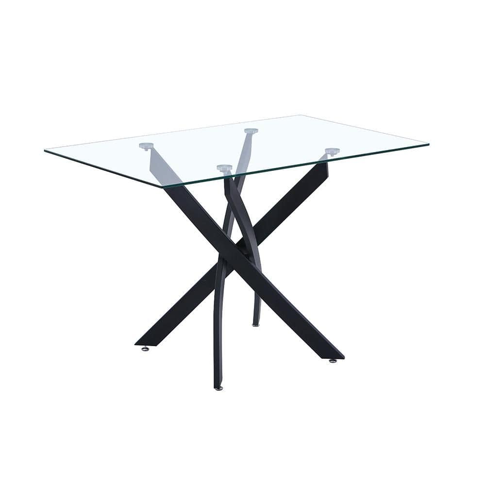 Momea Rectangle Tempered Clear Glass Dining Table Cross Black Powder-Coated Legs
