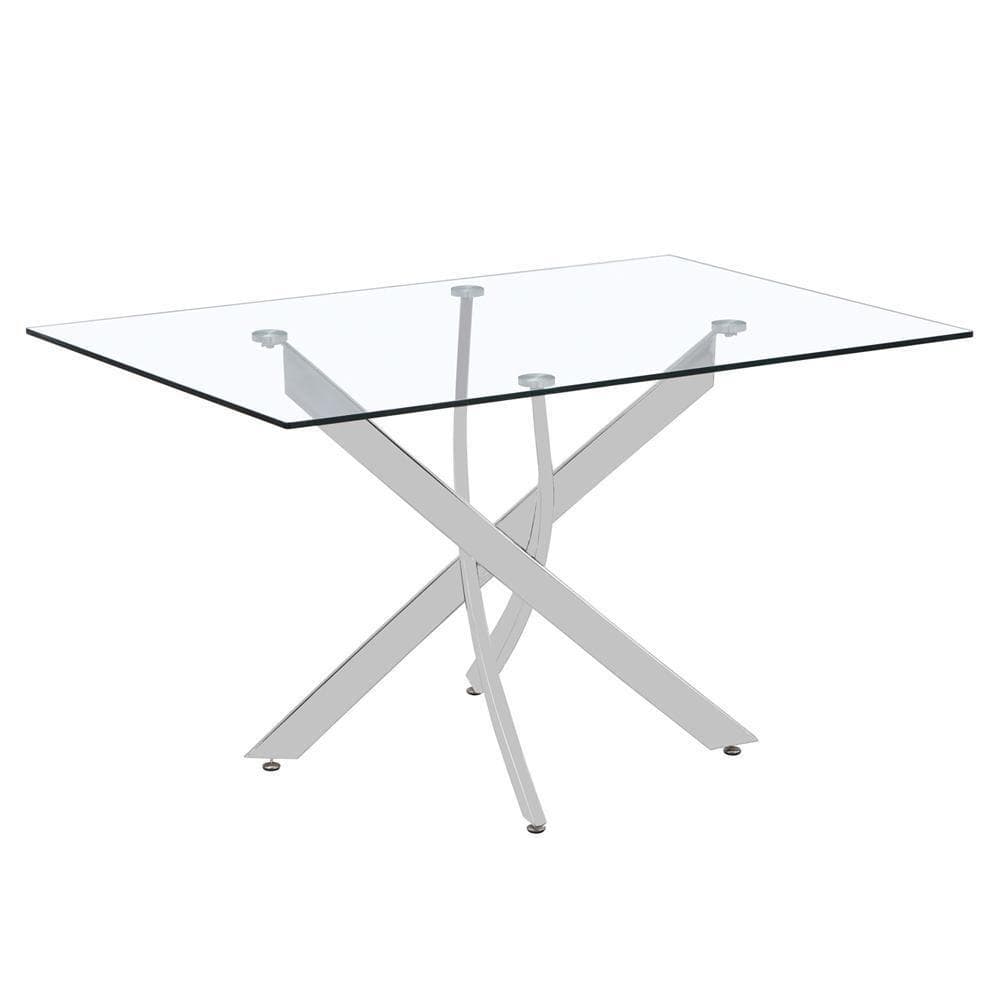 Momea Rectangle Tempered Clear Glass Dining Table Cross Chromed Legs